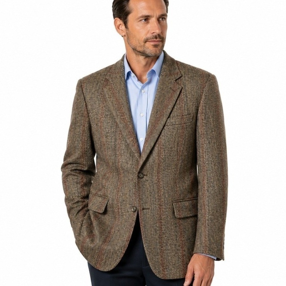 Imperial by Haggar Blazer Mens 46L Brown Wool Herringbone Striped Sport Coat